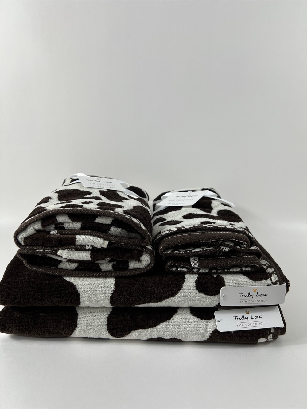 Truly Lou Bath Towel Set Cow Print Brown & Cream Soft Cotton Velour 6 Pc NEW